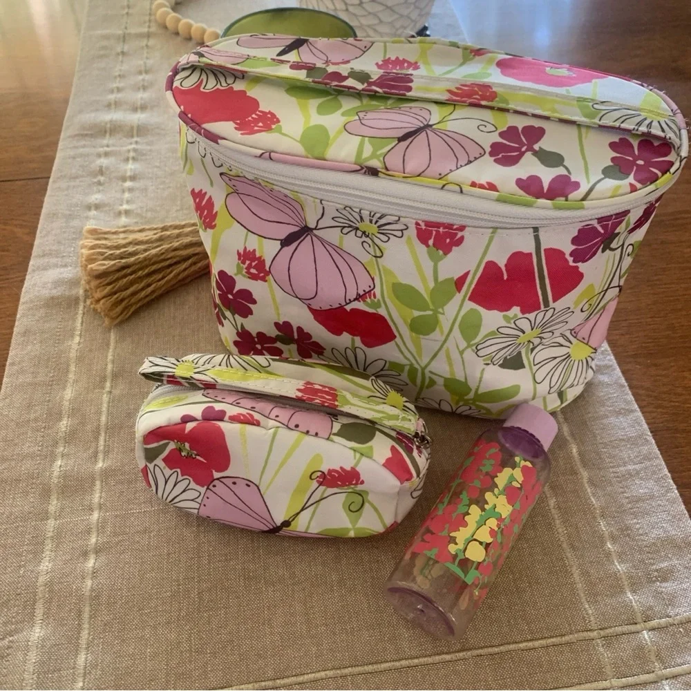 Clinique Cosmetic Makeup Bag Flowers Butterflies Train Case w Handle + Small Bag